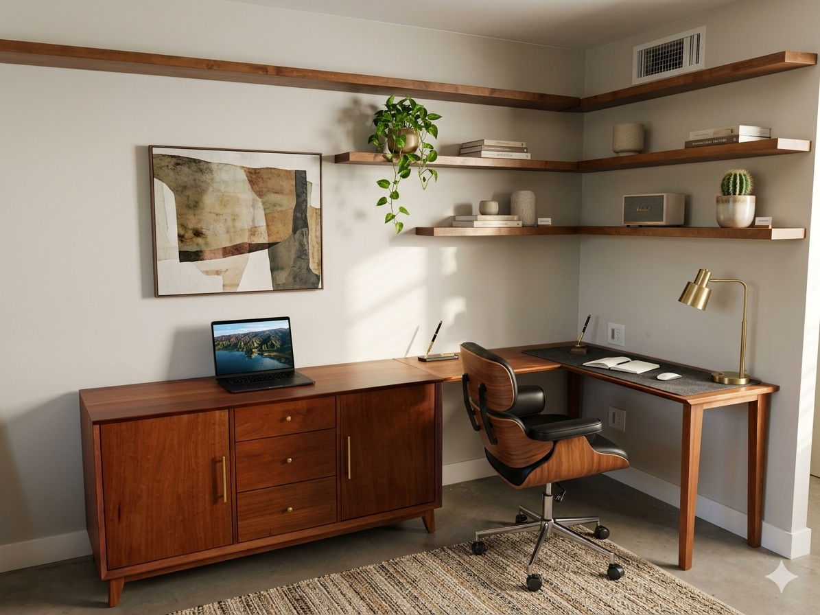 Mahogany Credenza Desk and Floating Shelves